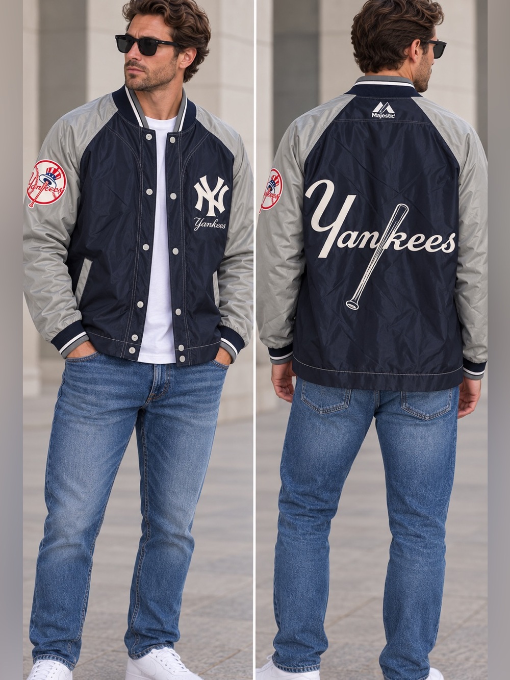 Vintage Navy Gray Majestic NY Yankees Embroidered Dugout Jacket SZ L Windbreaker